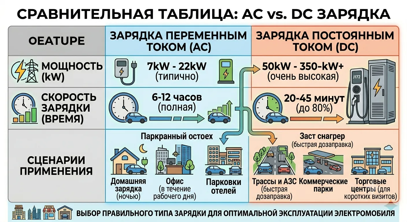 Сравнительная таблица AC vs DC зарядка — мощность, скорость и ROI-профиль по типу объекта