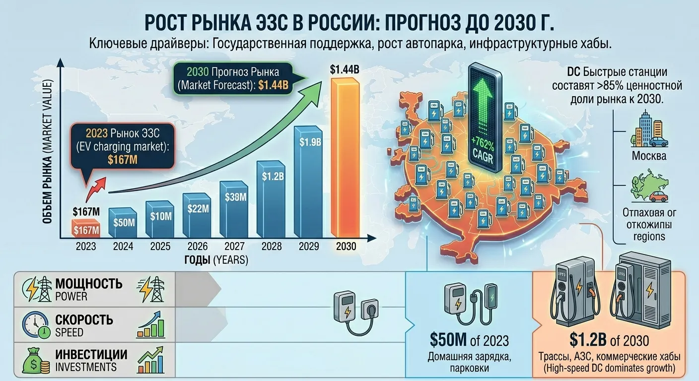 Рост рынка ЭЗС в России: прогноз до 2030 года при CAGR 31,6% — от $167 млн в 2022 до $1,44 млрд